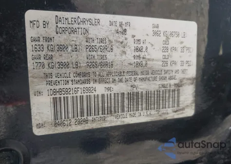 2006 Dodge Durango Limited z USA, uszkodzony, nr VIN 1D8HB58216F169824